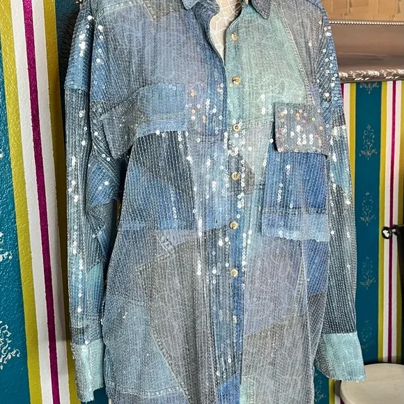 Pilcro Blue Sequin Top - Picture 3 of 5